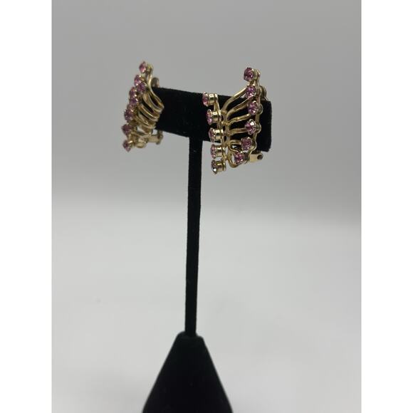 Vintage Gold Tone Pink Rhinestone Wing Clip On Earrings - Picture 4 of 4
